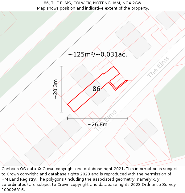 86, THE ELMS, COLWICK, NOTTINGHAM, NG4 2GW: Plot and title map