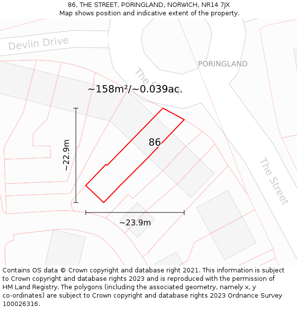 86, THE STREET, PORINGLAND, NORWICH, NR14 7JX: Plot and title map