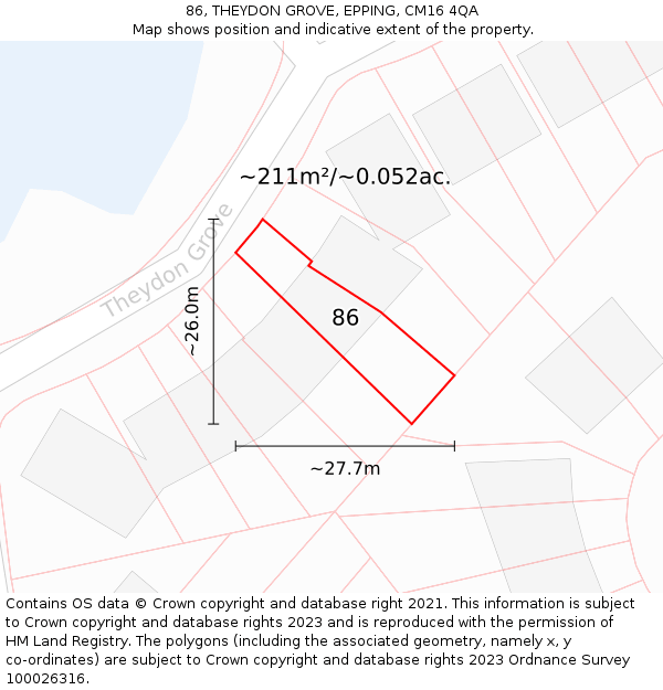 86, THEYDON GROVE, EPPING, CM16 4QA: Plot and title map