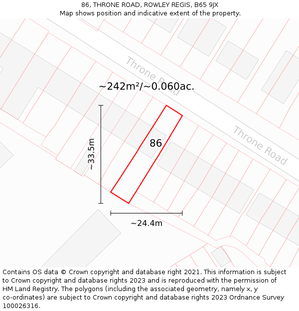86, THRONE ROAD, ROWLEY REGIS, B65 9JX: Plot and title map