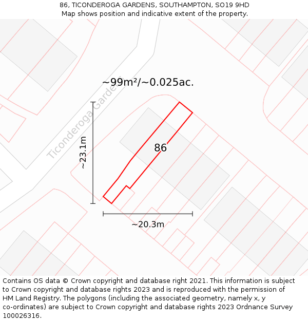 86, TICONDEROGA GARDENS, SOUTHAMPTON, SO19 9HD: Plot and title map