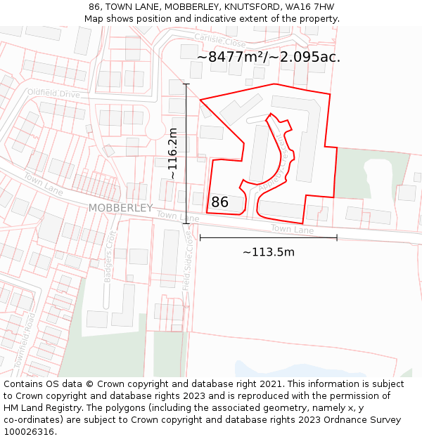 86, TOWN LANE, MOBBERLEY, KNUTSFORD, WA16 7HW: Plot and title map
