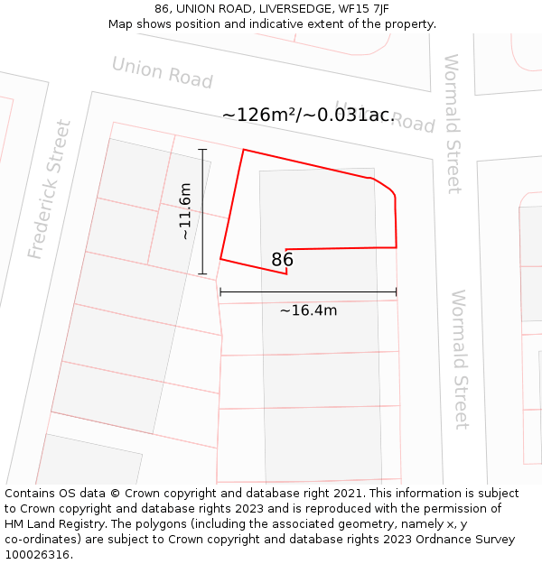 86, UNION ROAD, LIVERSEDGE, WF15 7JF: Plot and title map