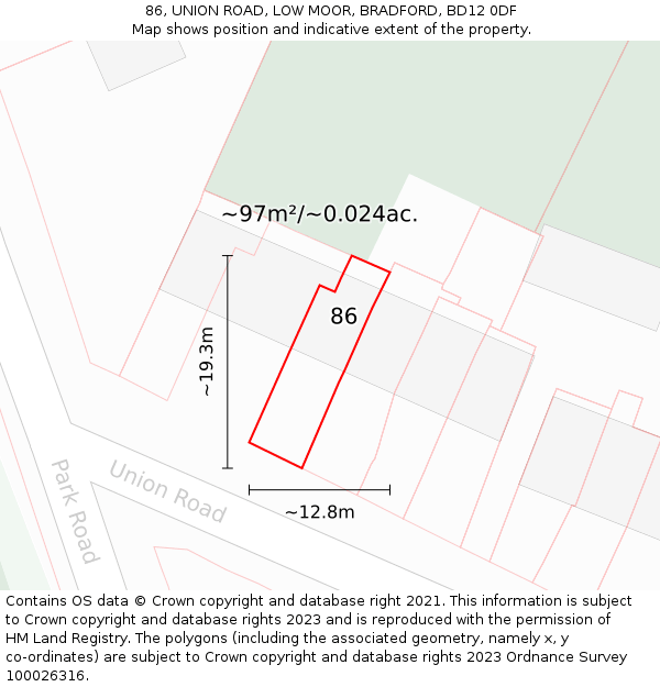 86, UNION ROAD, LOW MOOR, BRADFORD, BD12 0DF: Plot and title map
