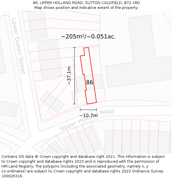86, UPPER HOLLAND ROAD, SUTTON COLDFIELD, B72 1RD: Plot and title map