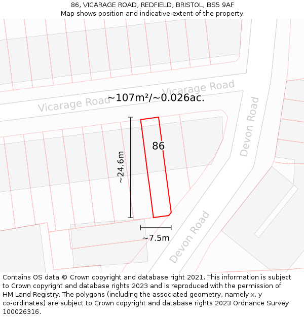 86, VICARAGE ROAD, REDFIELD, BRISTOL, BS5 9AF: Plot and title map