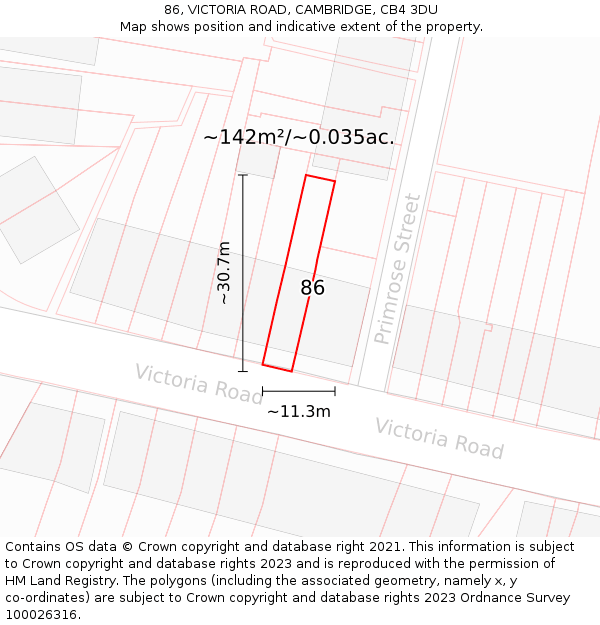 86, VICTORIA ROAD, CAMBRIDGE, CB4 3DU: Plot and title map