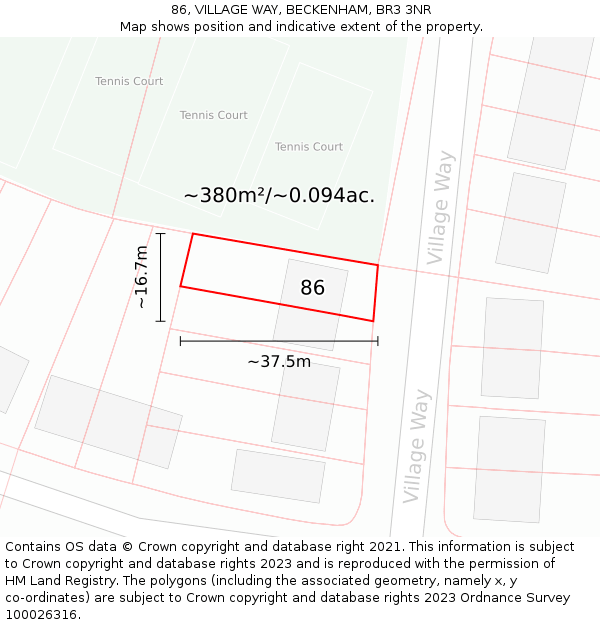 86, VILLAGE WAY, BECKENHAM, BR3 3NR: Plot and title map