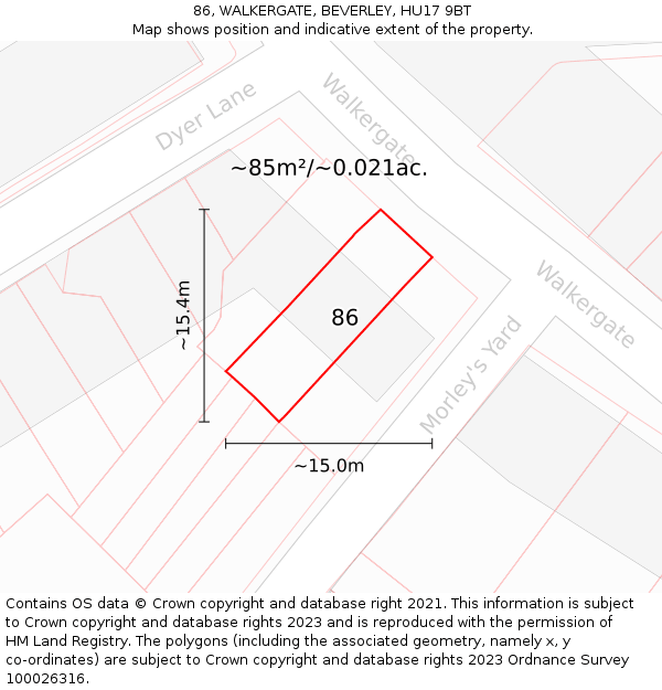 86, WALKERGATE, BEVERLEY, HU17 9BT: Plot and title map