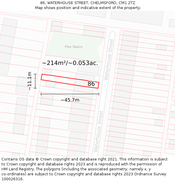 86, WATERHOUSE STREET, CHELMSFORD, CM1 2TZ: Plot and title map
