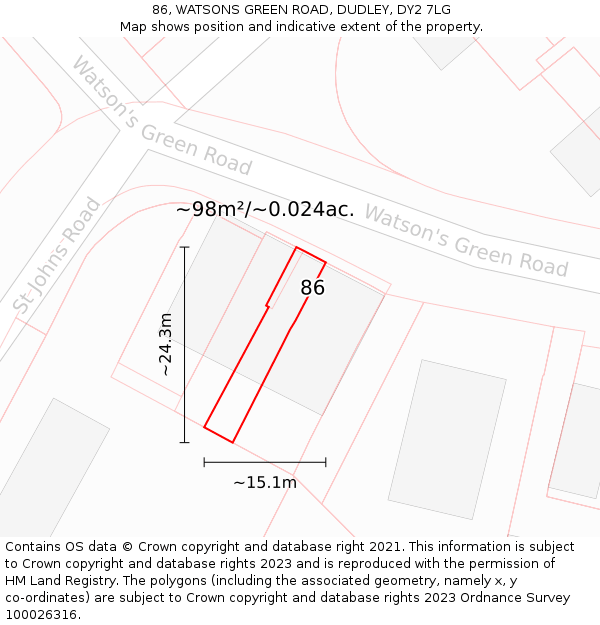 86, WATSONS GREEN ROAD, DUDLEY, DY2 7LG: Plot and title map