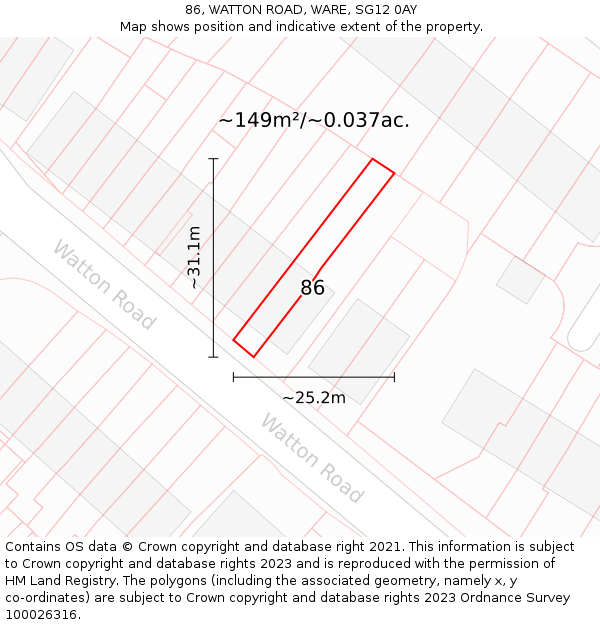 86, WATTON ROAD, WARE, SG12 0AY: Plot and title map