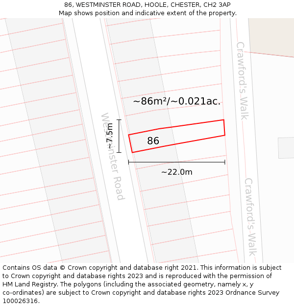 86, WESTMINSTER ROAD, HOOLE, CHESTER, CH2 3AP: Plot and title map