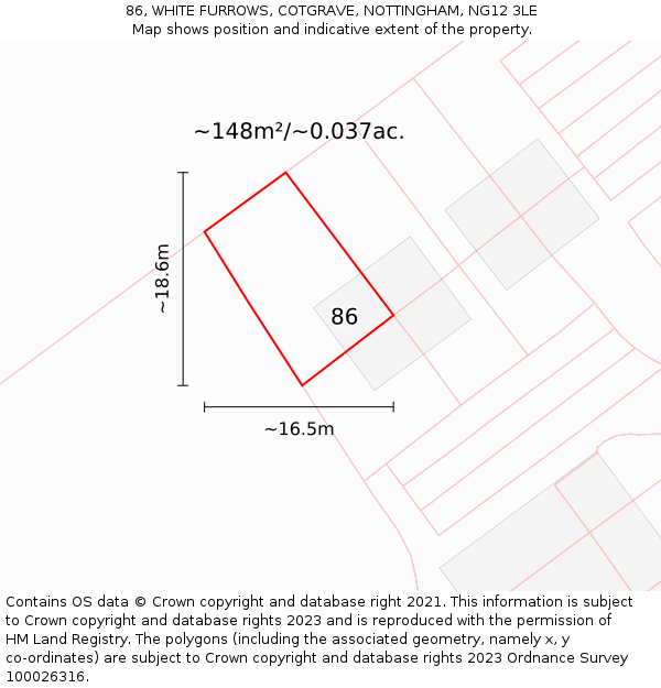 86, WHITE FURROWS, COTGRAVE, NOTTINGHAM, NG12 3LE: Plot and title map