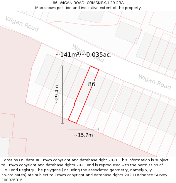 86, WIGAN ROAD, ORMSKIRK, L39 2BA: Plot and title map
