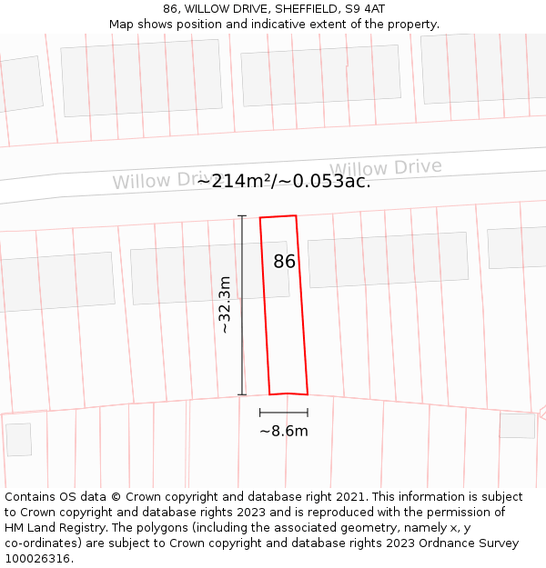 86, WILLOW DRIVE, SHEFFIELD, S9 4AT: Plot and title map