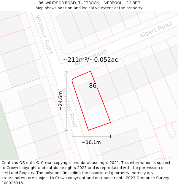 86, WINDSOR ROAD, TUEBROOK, LIVERPOOL, L13 8BB: Plot and title map