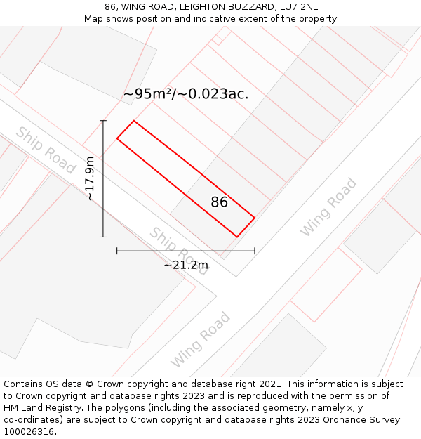 86, WING ROAD, LEIGHTON BUZZARD, LU7 2NL: Plot and title map