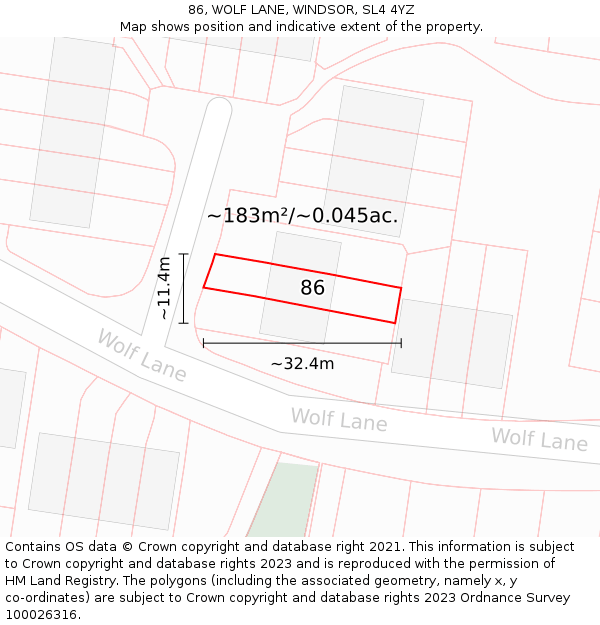 86, WOLF LANE, WINDSOR, SL4 4YZ: Plot and title map