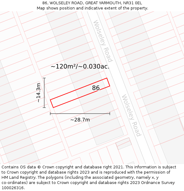 86, WOLSELEY ROAD, GREAT YARMOUTH, NR31 0EL: Plot and title map