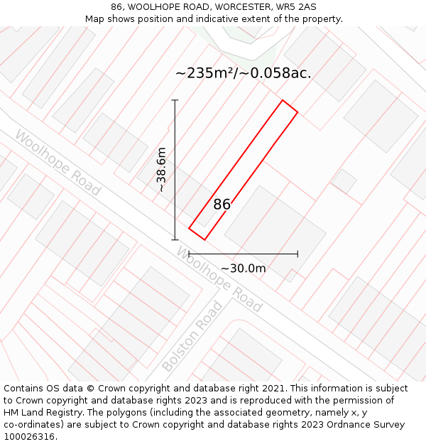 86, WOOLHOPE ROAD, WORCESTER, WR5 2AS: Plot and title map