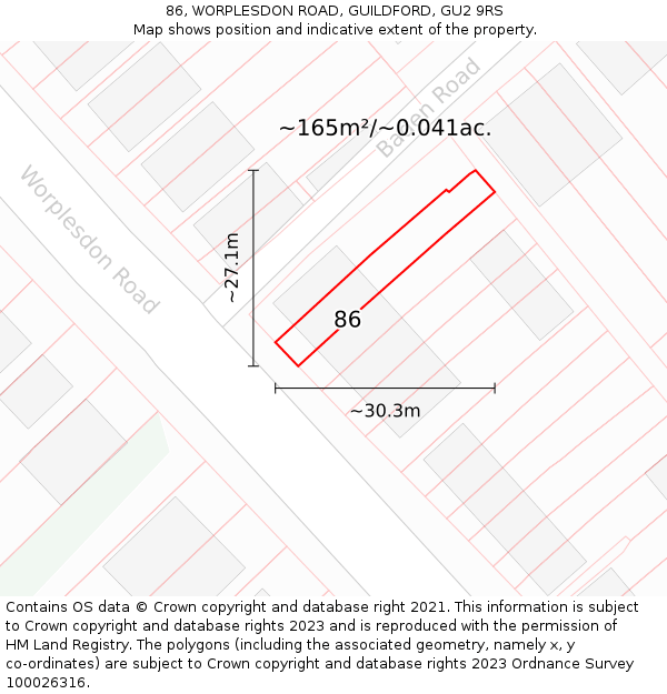 86, WORPLESDON ROAD, GUILDFORD, GU2 9RS: Plot and title map