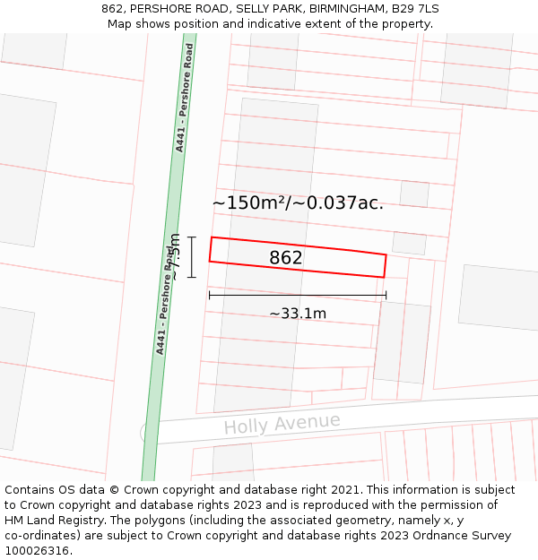 862, PERSHORE ROAD, SELLY PARK, BIRMINGHAM, B29 7LS: Plot and title map