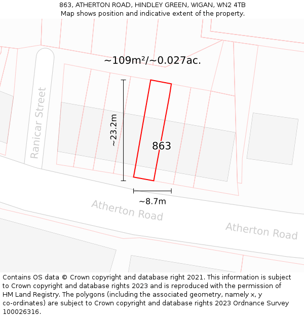 863, ATHERTON ROAD, HINDLEY GREEN, WIGAN, WN2 4TB: Plot and title map