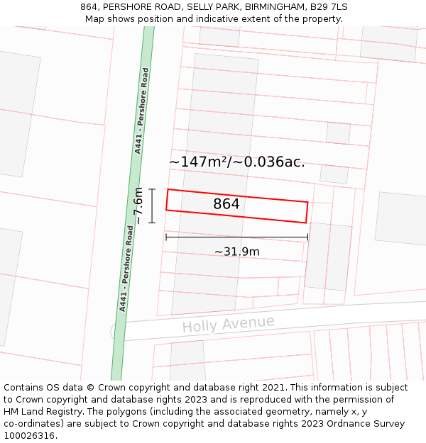 864, PERSHORE ROAD, SELLY PARK, BIRMINGHAM, B29 7LS: Plot and title map