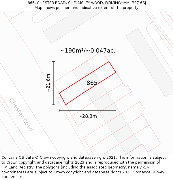865, CHESTER ROAD, CHELMSLEY WOOD, BIRMINGHAM, B37 6SJ: Plot and title map