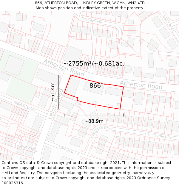 866, ATHERTON ROAD, HINDLEY GREEN, WIGAN, WN2 4TB: Plot and title map