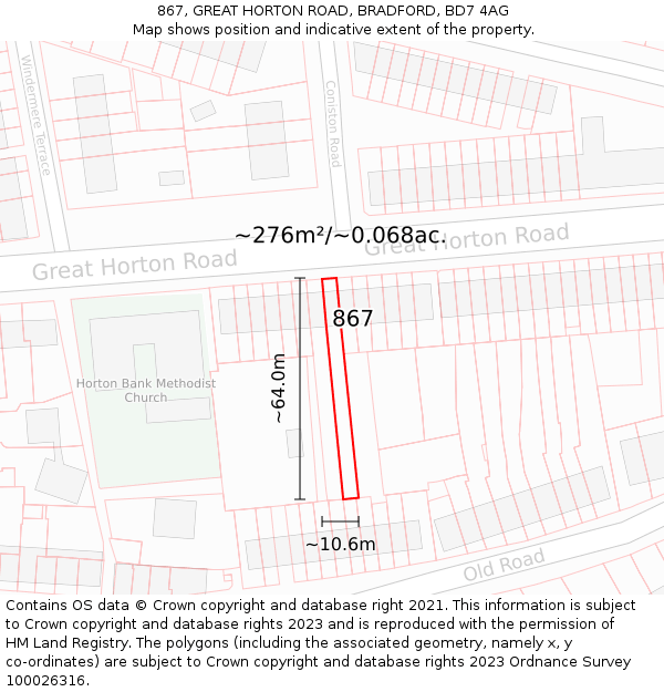 867, GREAT HORTON ROAD, BRADFORD, BD7 4AG: Plot and title map