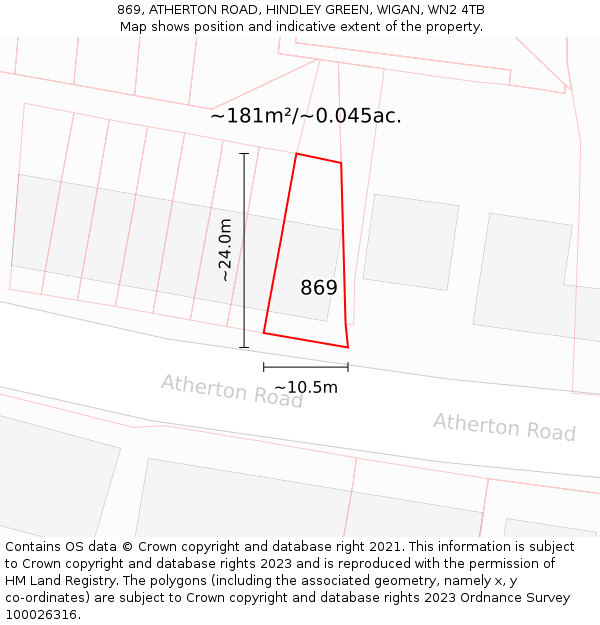 869, ATHERTON ROAD, HINDLEY GREEN, WIGAN, WN2 4TB: Plot and title map