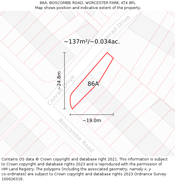 86A, BOSCOMBE ROAD, WORCESTER PARK, KT4 8PL: Plot and title map