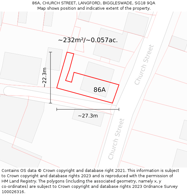 86A, CHURCH STREET, LANGFORD, BIGGLESWADE, SG18 9QA: Plot and title map