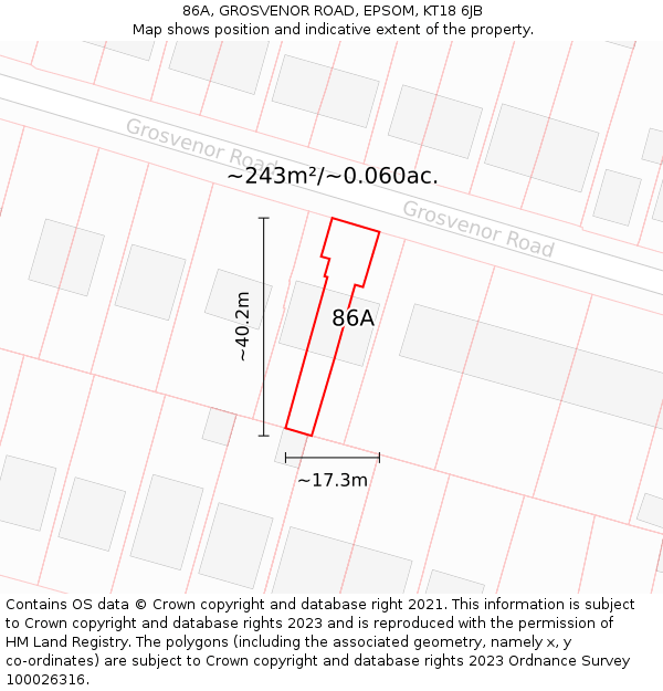 86A, GROSVENOR ROAD, EPSOM, KT18 6JB: Plot and title map