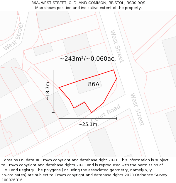 86A, WEST STREET, OLDLAND COMMON, BRISTOL, BS30 9QS: Plot and title map