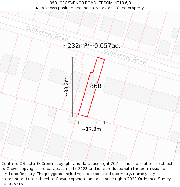 86B, GROSVENOR ROAD, EPSOM, KT18 6JB: Plot and title map