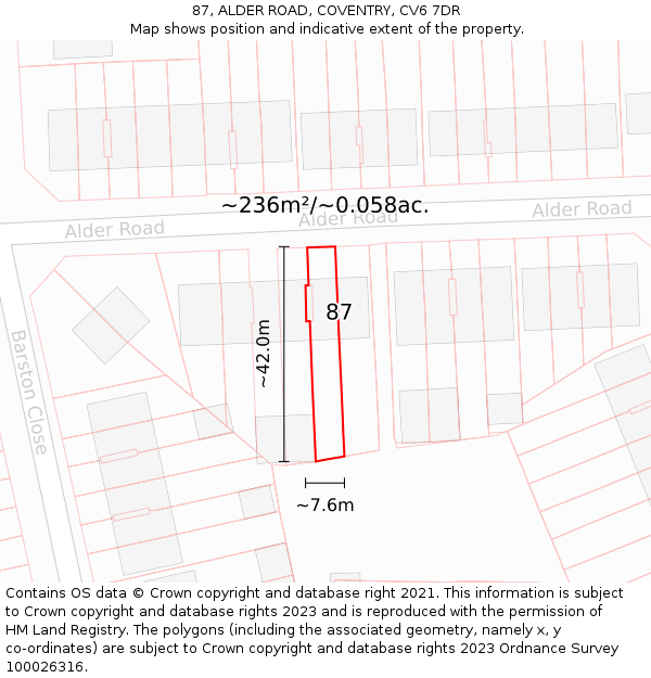 87, ALDER ROAD, COVENTRY, CV6 7DR: Plot and title map