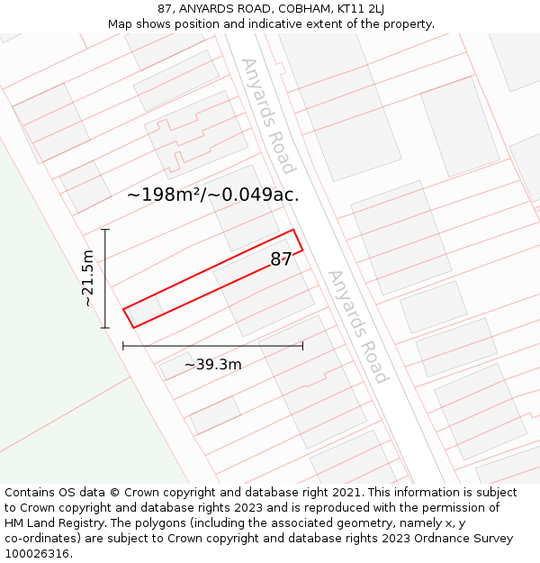 87, ANYARDS ROAD, COBHAM, KT11 2LJ: Plot and title map