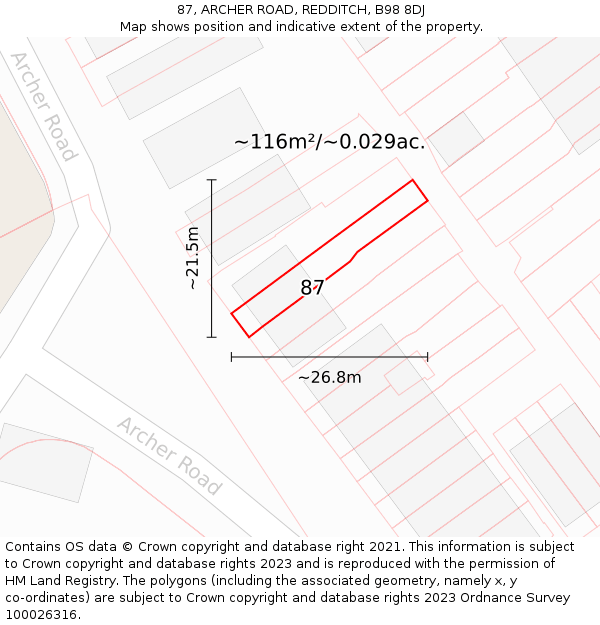 87, ARCHER ROAD, REDDITCH, B98 8DJ: Plot and title map