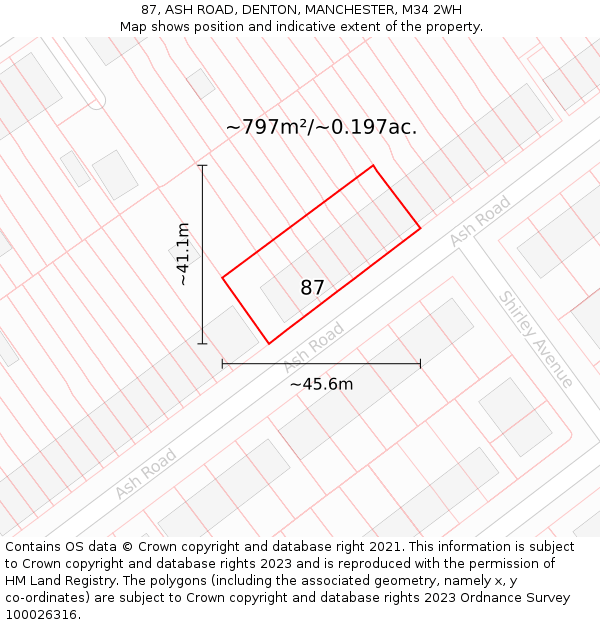 87, ASH ROAD, DENTON, MANCHESTER, M34 2WH: Plot and title map