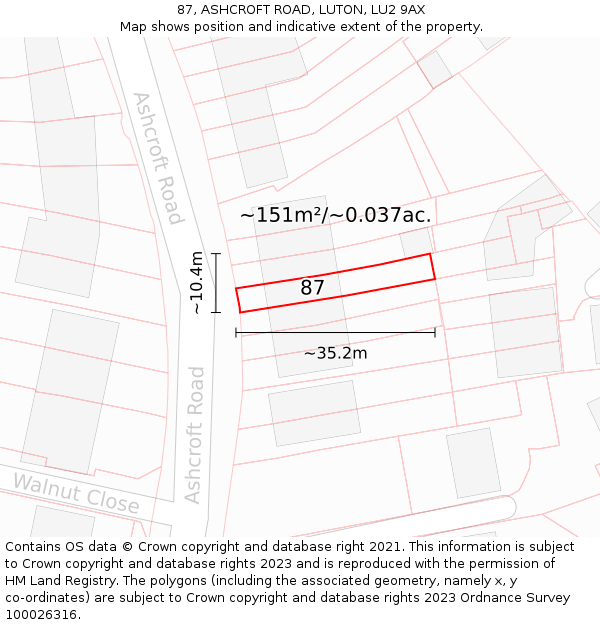 87, ASHCROFT ROAD, LUTON, LU2 9AX: Plot and title map