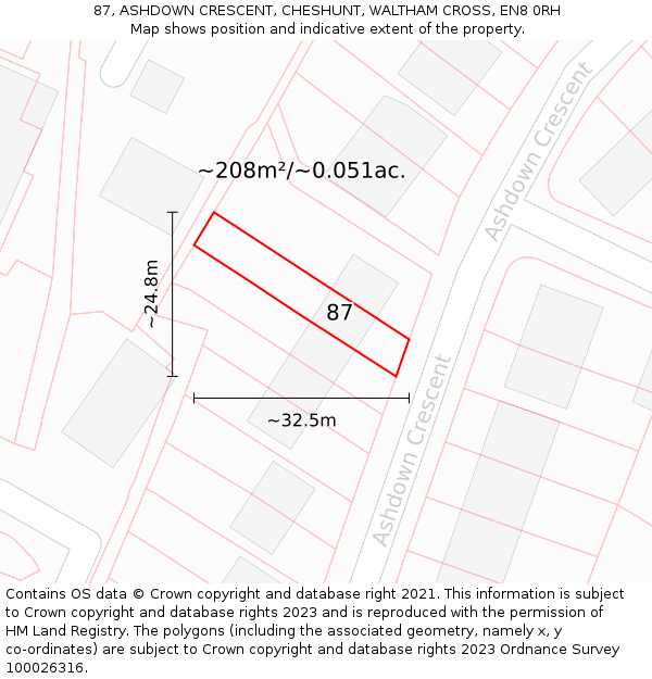 87, ASHDOWN CRESCENT, CHESHUNT, WALTHAM CROSS, EN8 0RH: Plot and title map