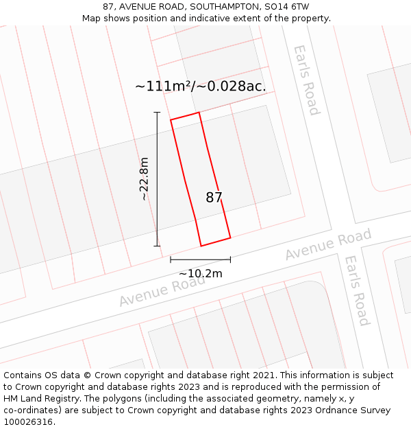 87, AVENUE ROAD, SOUTHAMPTON, SO14 6TW: Plot and title map