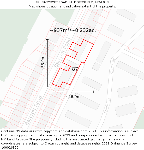 87, BARCROFT ROAD, HUDDERSFIELD, HD4 6LB: Plot and title map