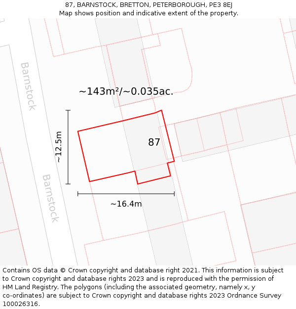 87, BARNSTOCK, BRETTON, PETERBOROUGH, PE3 8EJ: Plot and title map