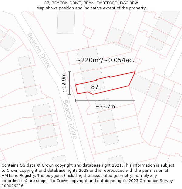 87, BEACON DRIVE, BEAN, DARTFORD, DA2 8BW: Plot and title map