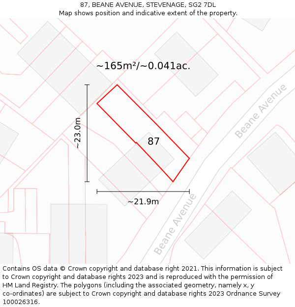 87, BEANE AVENUE, STEVENAGE, SG2 7DL: Plot and title map