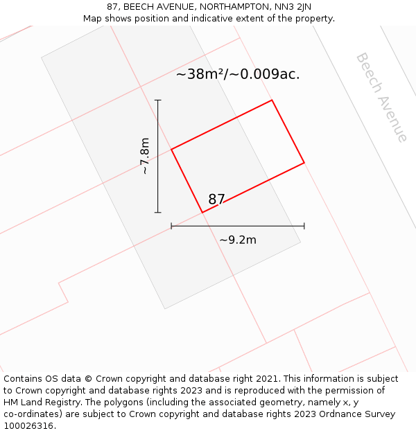87, BEECH AVENUE, NORTHAMPTON, NN3 2JN: Plot and title map